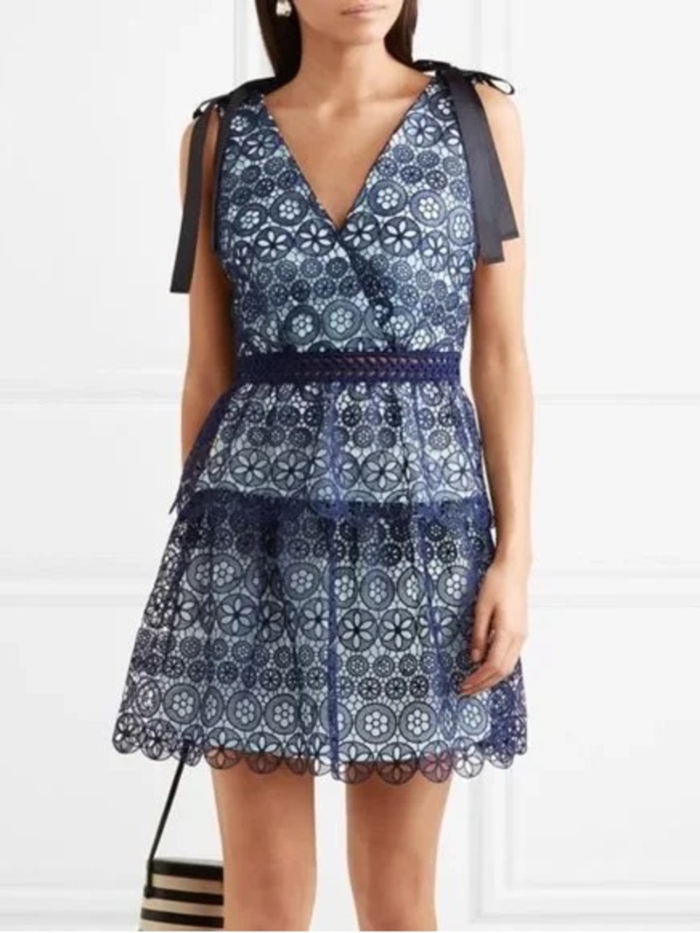 NWT self portrait Tiered Bow-Detailed Mini Dress In Blue Polyester Guipure Lace